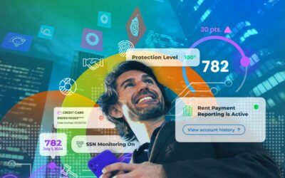 A man smiles while holding his phone against a vibrant cityscape background with digital icons. Overlay text shows his credit score of 782, rent payment reporting, social security number monitoring, and credit card details. IDIQ indicators for security and monitoring are also visible.