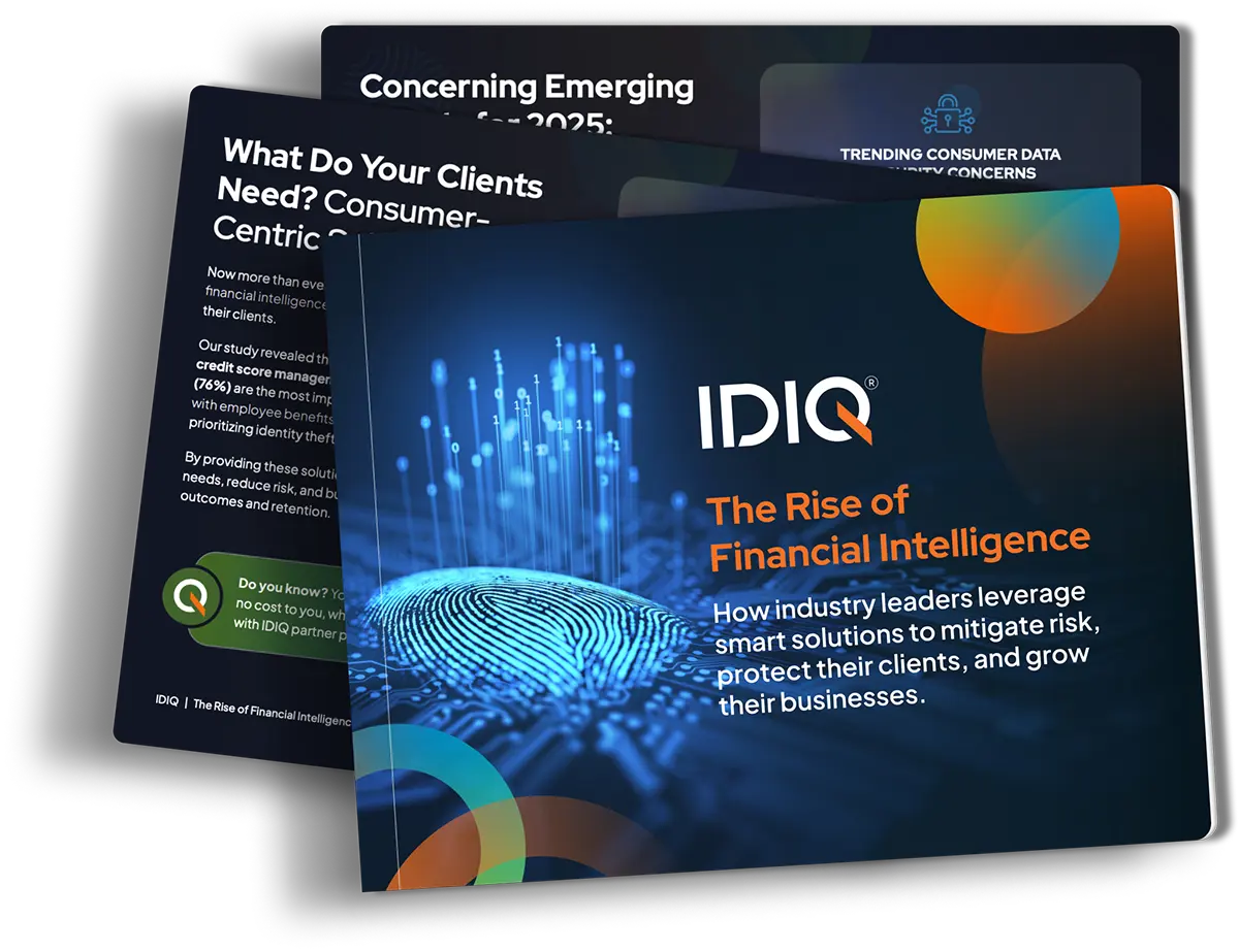 industry-report-2024-mock-1 Three overlapping brochures display financial themes. The top brochure highlights "Concerning Emerging Trends 2025" with consumer data insights. The visible brochure features "IDIQ: The Rise of Financial Intelligence" discussing smart industry solutions.