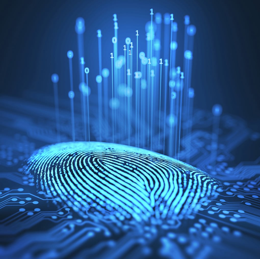 A glowing blue fingerprint on a digital circuit board, with binary code numbers rising from it, symbolizing technology and digital security.